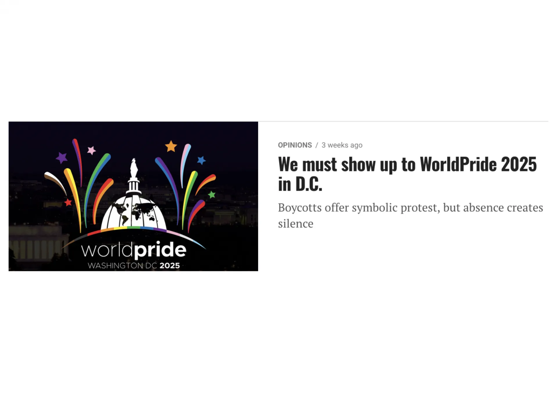 Image of article titled "We must show up to WorldPride 2025 in D.C."