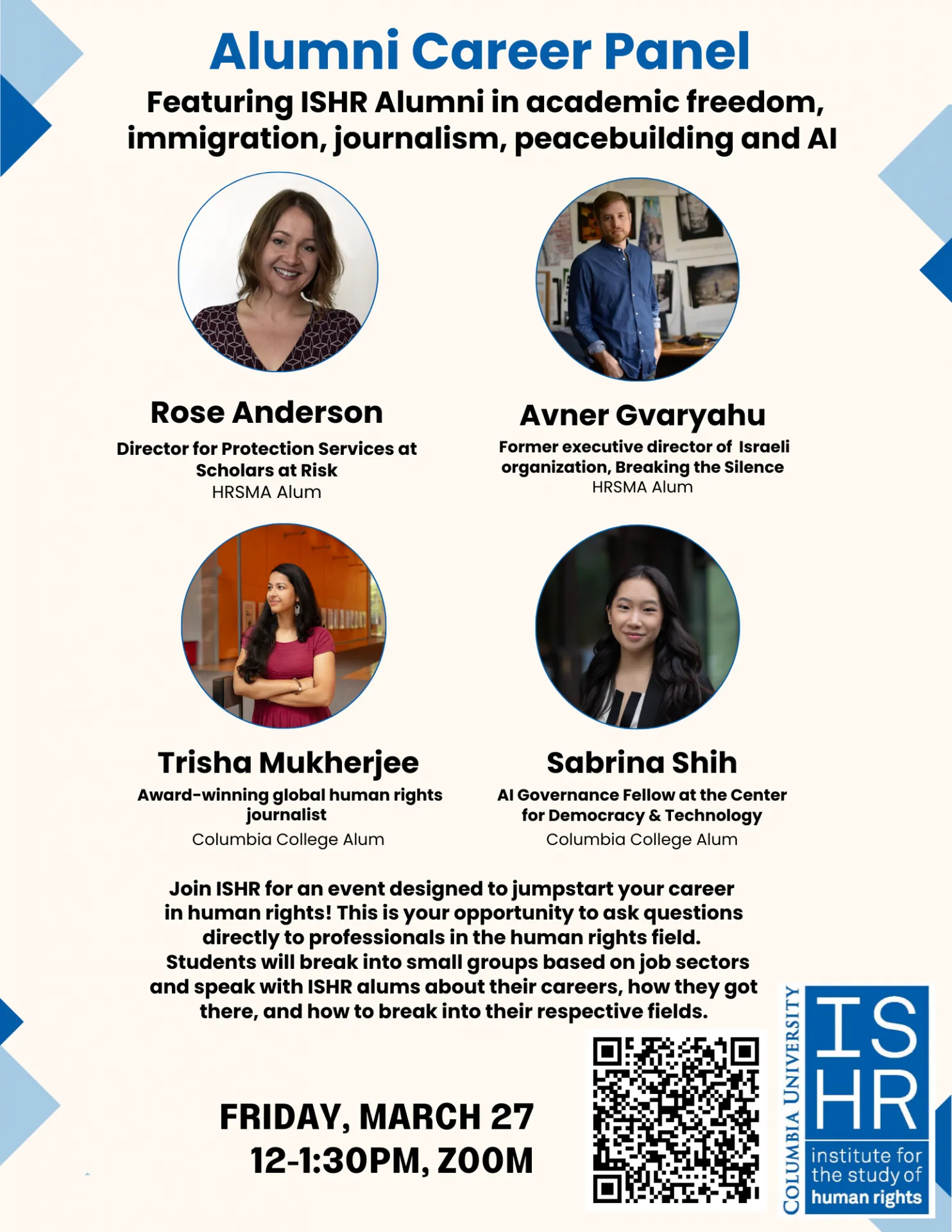 Flyer reads: Alumni Career Panel Featuring ISHR Alumni in Diverse Career Paths in Global Human Rights