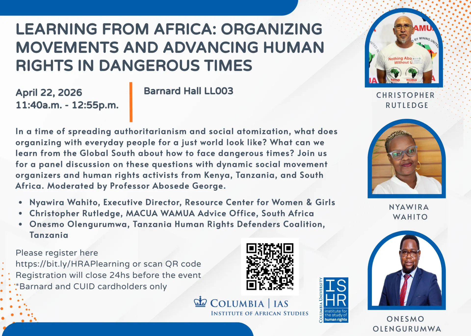 Flyer for event Learning from Africa: Organizing  Movements and Advancing Human Rights in Dangerous Times
